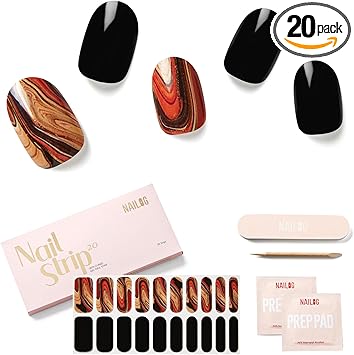 NAILOG Semi Cured Gel Nail Strips Glossy Long Lasting Soft Gel Finish 20 Extra Long Nail Stickers Wraps Magma - Image 1