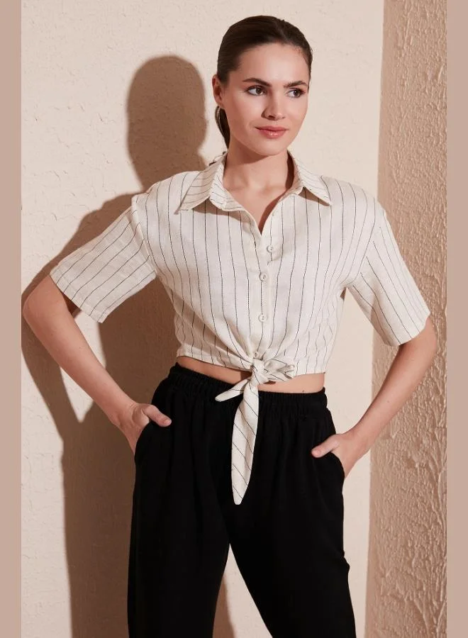 ليلا قميص قصير بأكمام قصيرة من الكتان للنساء