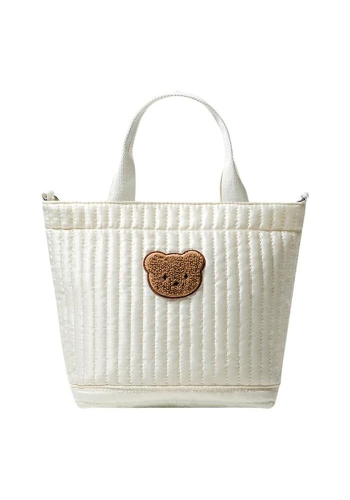Glitters Quilted Diaper Bag Tote with Bear Patch - White Multi-Pocket Design - Image 1
