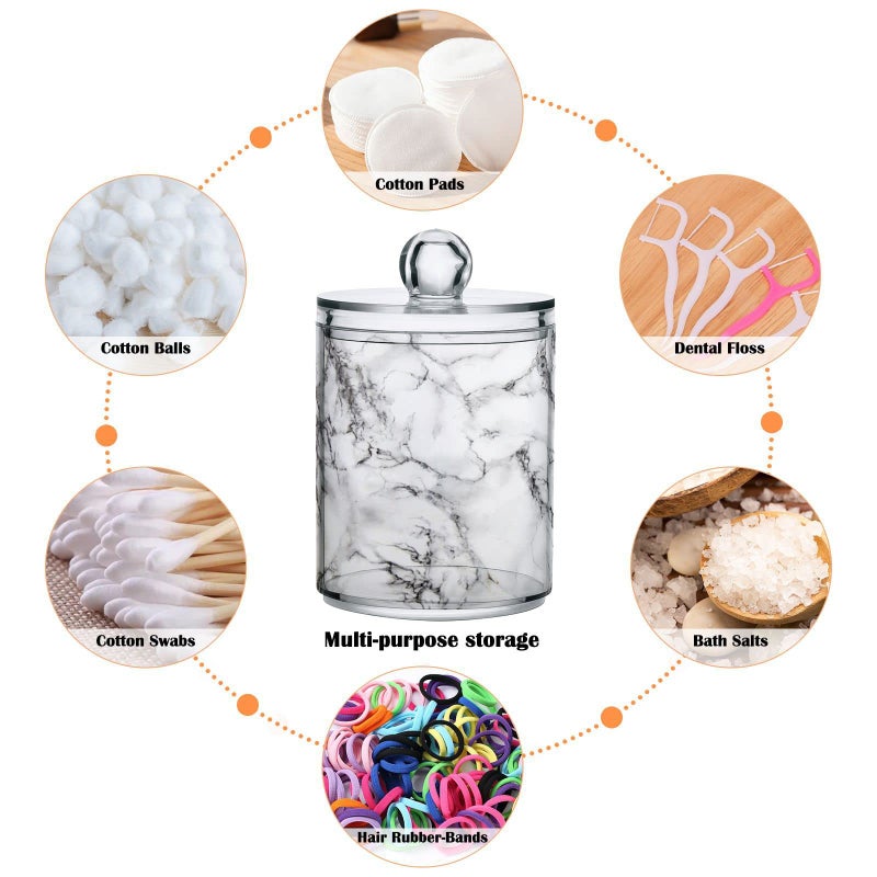 MNSRUU 2 Pack Qtip Holder Organizer Dispenser Stylish White Marble Texture Bathroom Storage Canister Cotton Ball Holder Bathroom Containers for Cotton Swabs/Pads/Floss  - Image 4