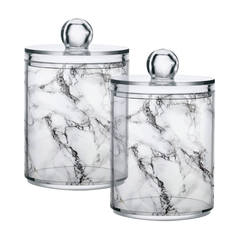 MNSRUU 2 Pack Qtip Holder Organizer Dispenser Stylish White Marble Texture Bathroom Storage Canister Cotton Ball Holder Bathroom Containers for Cotton Swabs/Pads/Floss  - Image 1