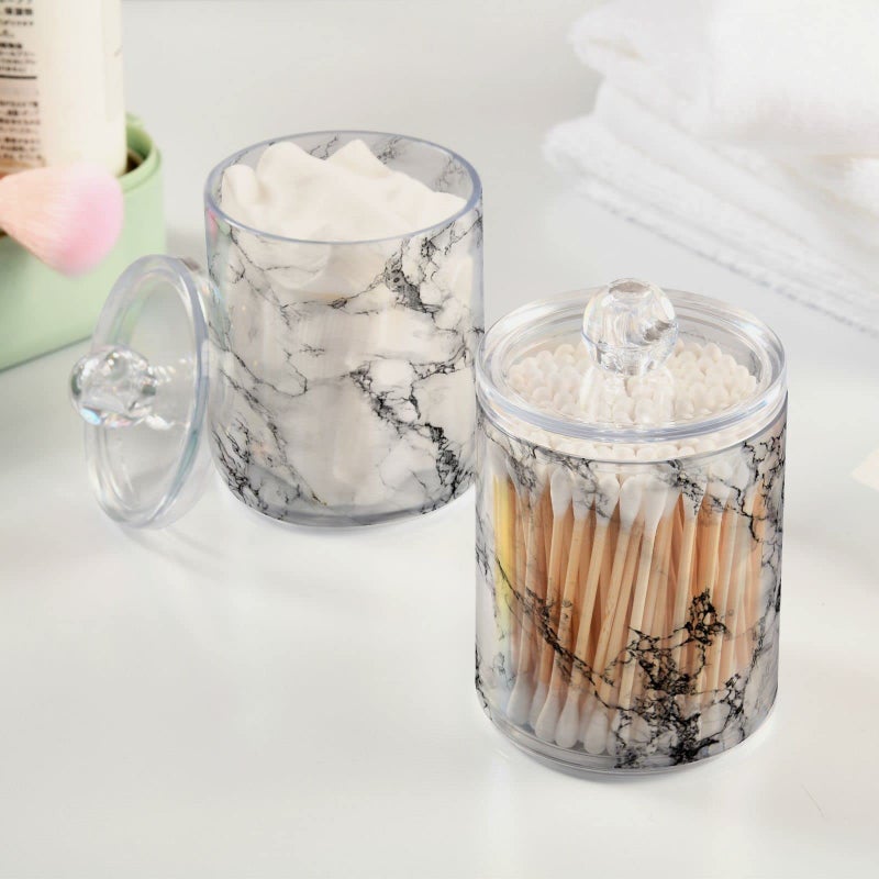 MNSRUU 2 Pack Qtip Holder Organizer Dispenser Stylish White Marble Texture Bathroom Storage Canister Cotton Ball Holder Bathroom Containers for Cotton Swabs/Pads/Floss  - Image 5
