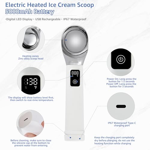 FrostJoy Electric Heated Ice Cream Scoop, Kitchen Gadget with Digital LED Temperature Display for Easy Scooping Rechargeable Scooper Dessert Server 5000mAh USB Powered IP67 Waterproof Kitchen Tool 2 Oz Max158℉ - Image 3