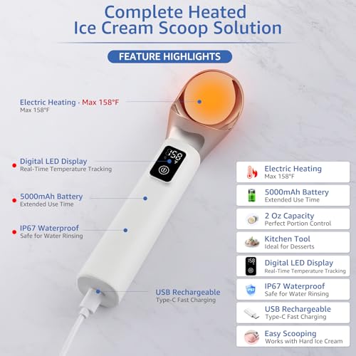 FrostJoy Electric Heated Ice Cream Scoop, Kitchen Gadget with Digital LED Temperature Display for Easy Scooping Rechargeable Scooper Dessert Server 5000mAh USB Powered IP67 Waterproof Kitchen Tool 2 Oz Max158℉ - Image 5