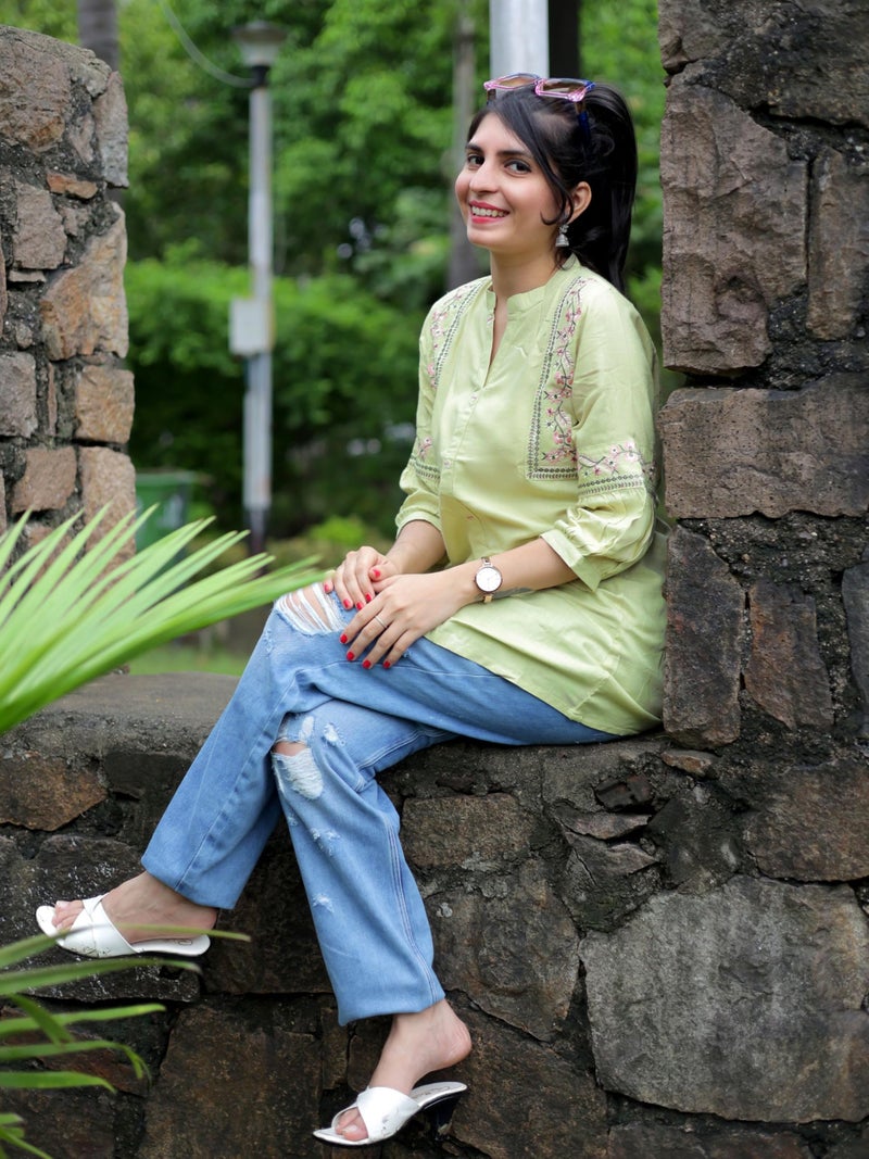 EthnicJunction Women's Light Green Viscose Rayon Embroidered A-line Short Kurti Summer Kurti | Short Kurti for Women | Top for Office | Women's Tunics Tops | Kurta Shirt Top | Regular Fit Top - Image 3