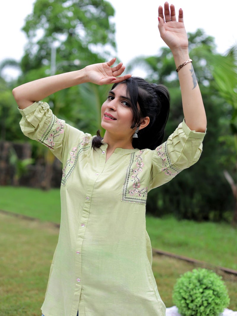 EthnicJunction Women's Light Green Viscose Rayon Embroidered A-line Short Kurti Summer Kurti | Short Kurti for Women | Top for Office | Women's Tunics Tops | Kurta Shirt Top | Regular Fit Top - Image 2