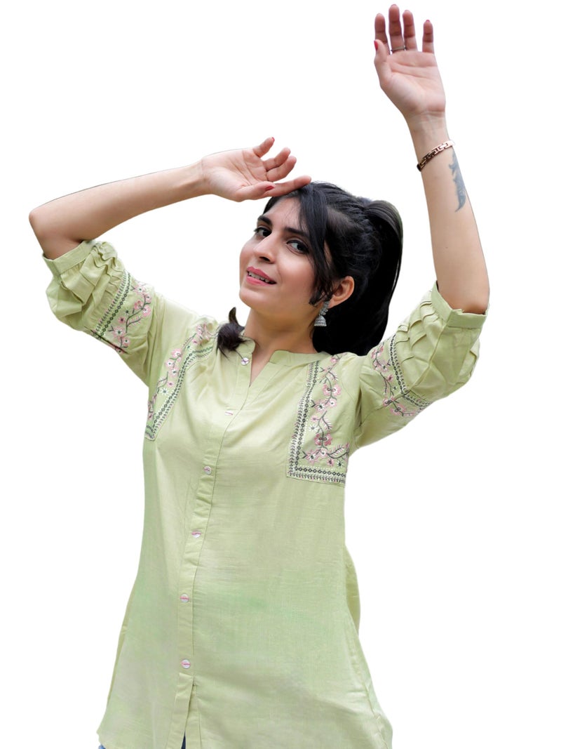 EthnicJunction Women's Light Green Viscose Rayon Embroidered A-line Short Kurti Summer Kurti | Short Kurti for Women | Top for Office | Women's Tunics Tops | Kurta Shirt Top | Regular Fit Top - Image 1