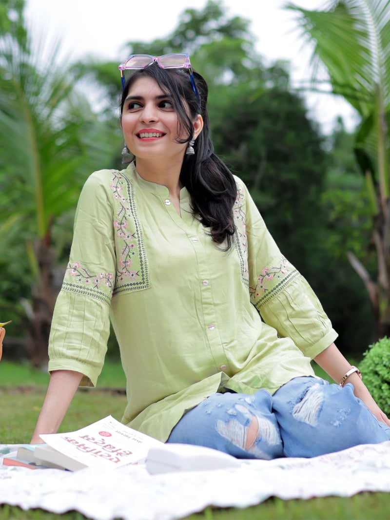 EthnicJunction Women's Light Green Viscose Rayon Embroidered A-line Short Kurti Summer Kurti | Short Kurti for Women | Top for Office | Women's Tunics Tops | Kurta Shirt Top | Regular Fit Top - Image 4
