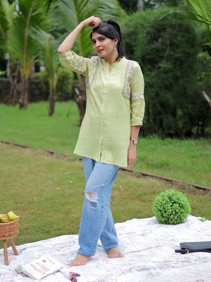 EthnicJunction Women's Light Green Viscose Rayon Embroidered A-line Short Kurti Summer Kurti | Short Kurti for Women | Top for Office | Women's Tunics Tops | Kurta Shirt Top | Regular Fit Top - Image 5
