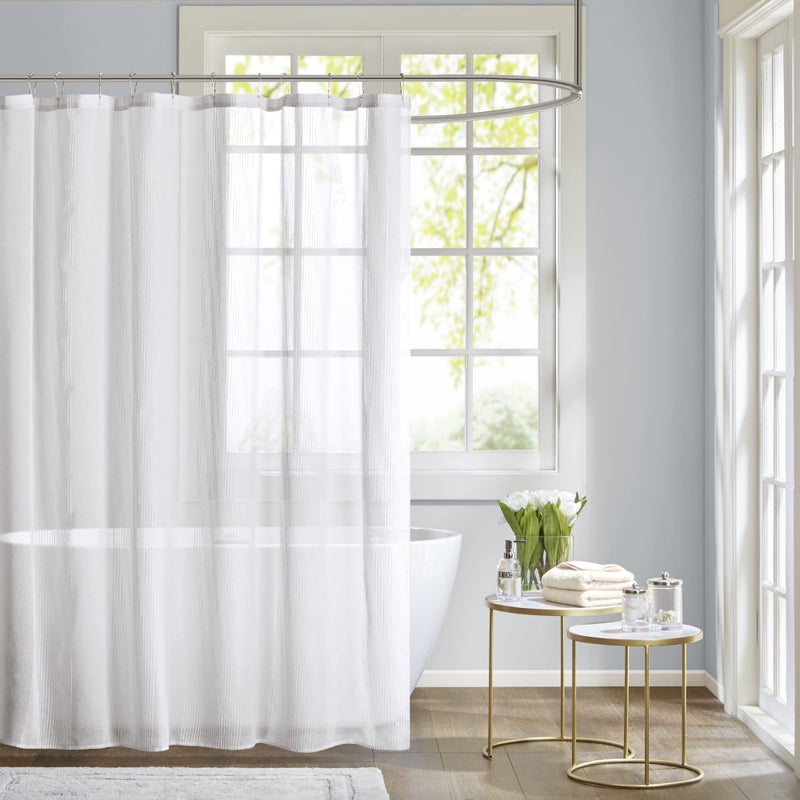 Madison Park Anna Sheers Shower Curtain, Textured Striped Accent Design, Modern Mid-Century Bathroom Decor, Machine Washable, Fabric Privacy Screen 72x72", Ivory - Image 1