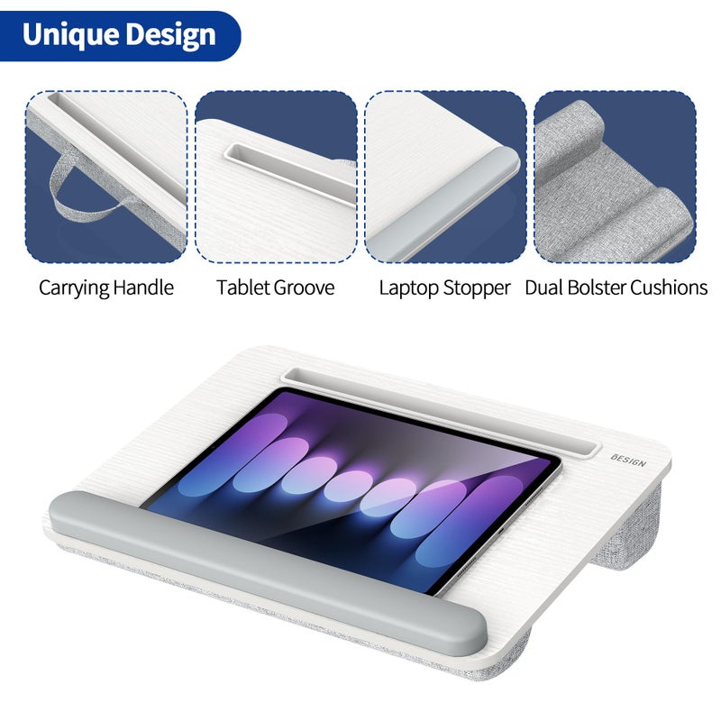 Besign LT08 Laptop Stand, Portable Lap Desk with Pillow Cushion, Fits up to 14 inch Laptop, with Anti-Slip Strip for Desk, Sofa & Bed, White and Gray - Image 3