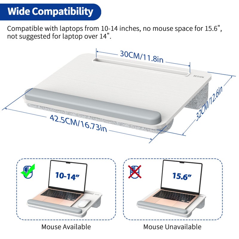 Besign LT08 Laptop Stand, Portable Lap Desk with Pillow Cushion, Fits up to 14 inch Laptop, with Anti-Slip Strip for Desk, Sofa & Bed, White and Gray - Image 5