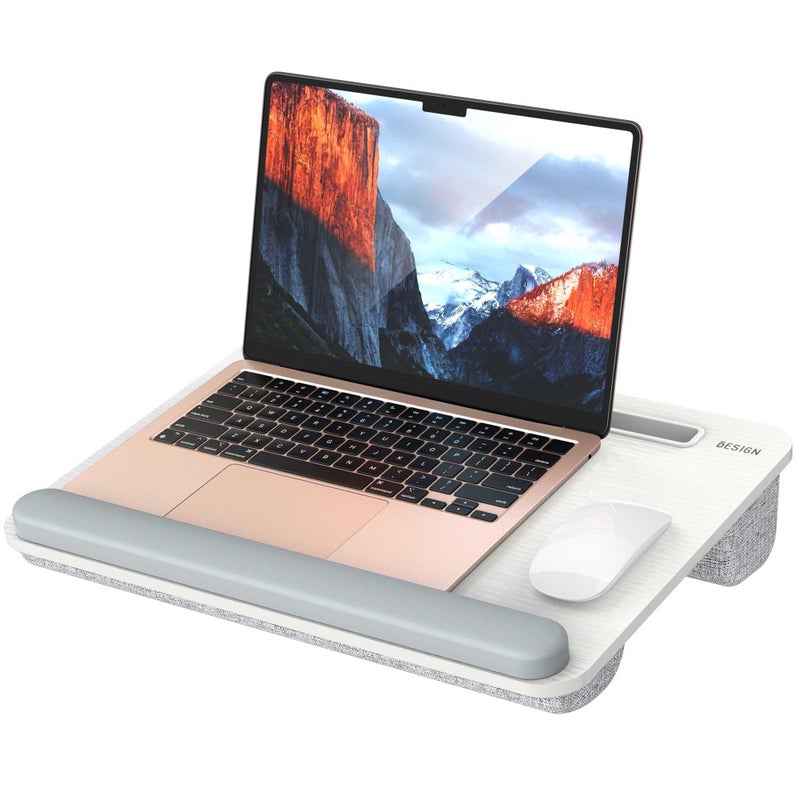 Besign LT08 Laptop Stand, Portable Lap Desk with Pillow Cushion, Fits up to 14 inch Laptop, with Anti-Slip Strip for Desk, Sofa & Bed, White and Gray - Image 1