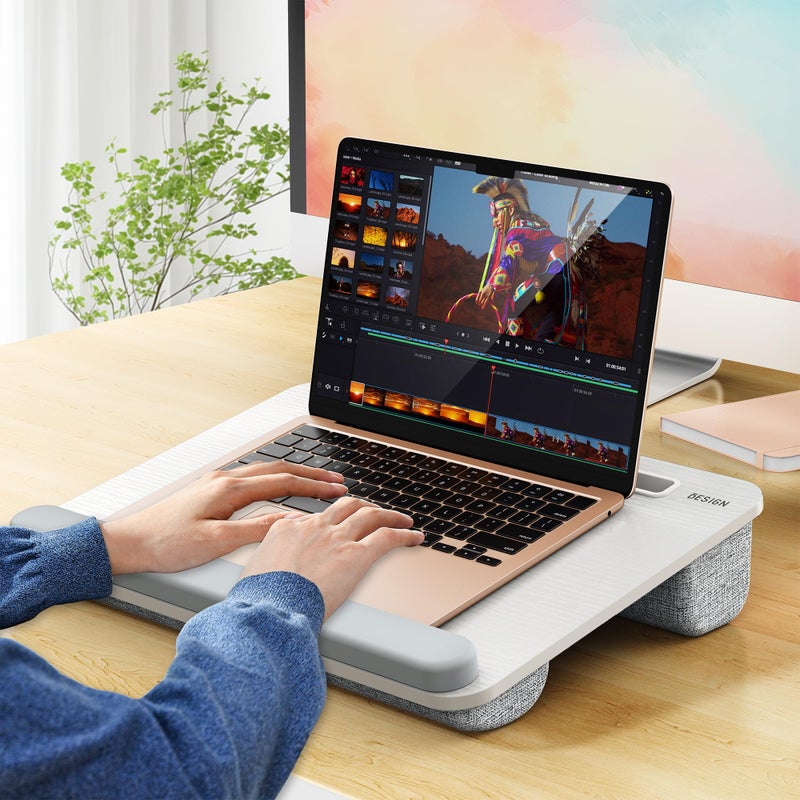 Besign LT08 Laptop Stand, Portable Lap Desk with Pillow Cushion, Fits up to 14 inch Laptop, with Anti-Slip Strip for Desk, Sofa & Bed, White and Gray - Image 2