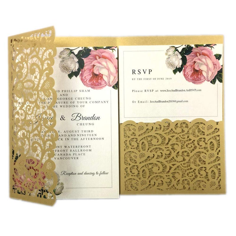 Lucky Star 25pcs 5"x7.28" dark gold Vintage Tri Fold Wedding Invitations Cards pocket Pearl Paper Laser Cut Hollow Carving Greeting invites Covers only no envelope no insert - Image 5