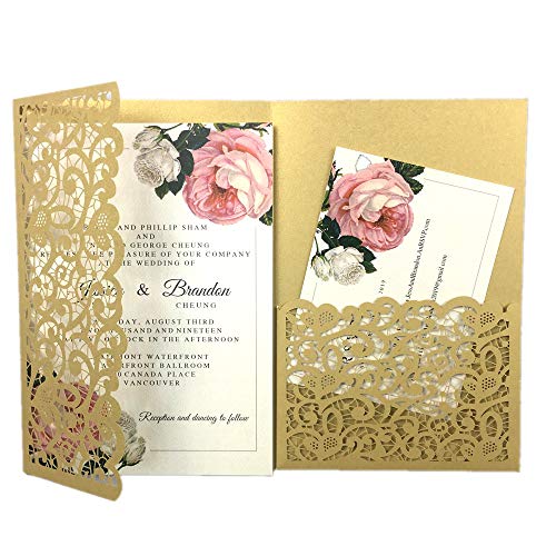 Lucky Star 25pcs 5"x7.28" dark gold Vintage Tri Fold Wedding Invitations Cards pocket Pearl Paper Laser Cut Hollow Carving Greeting invites Covers only no envelope no insert - Image 2