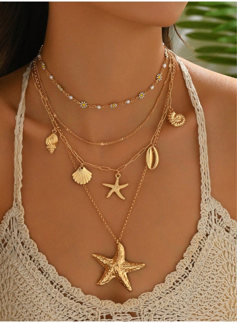 شي إن 4pcs/Set Summer Bohemian Daisy Handmade Chain Alloy Starfish Shell Pendant, Multi-Layer Necklace For Women, Suitable For Daily Outfit And Beach Vacation Photo Shoot. Chain Length Customizable - Image 5