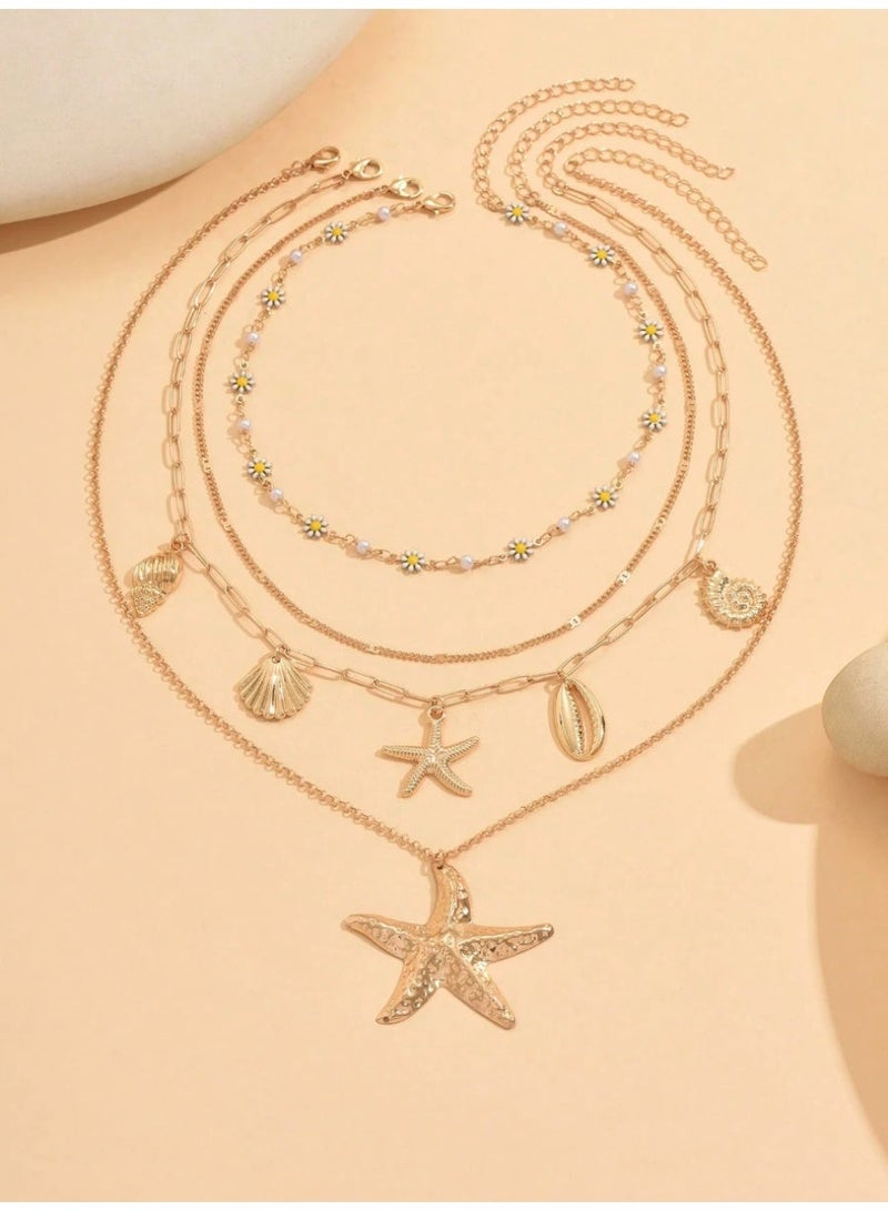 شي إن 4pcs/Set Summer Bohemian Daisy Handmade Chain Alloy Starfish Shell Pendant, Multi-Layer Necklace For Women, Suitable For Daily Outfit And Beach Vacation Photo Shoot. Chain Length Customizable - Image 4