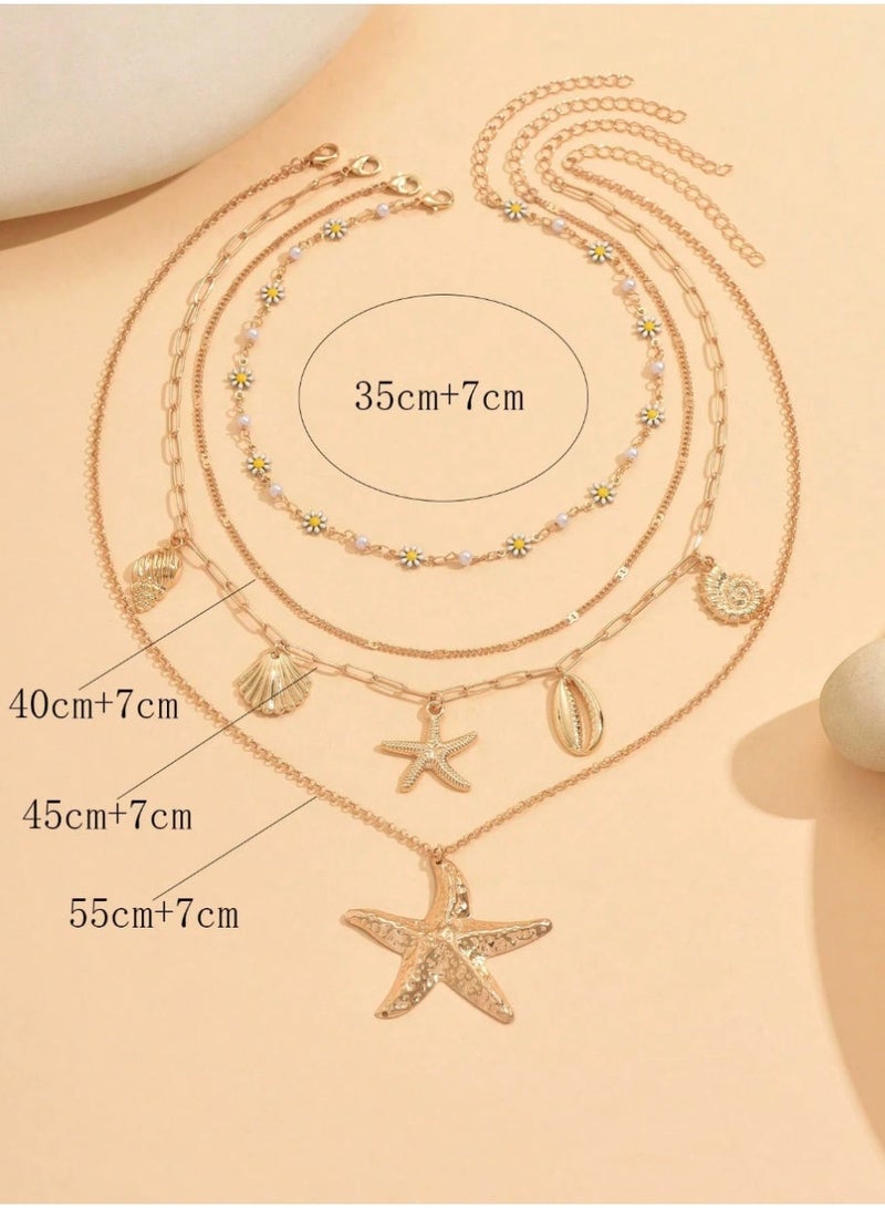 شي إن 4pcs/Set Summer Bohemian Daisy Handmade Chain Alloy Starfish Shell Pendant, Multi-Layer Necklace For Women, Suitable For Daily Outfit And Beach Vacation Photo Shoot. Chain Length Customizable - Image 2