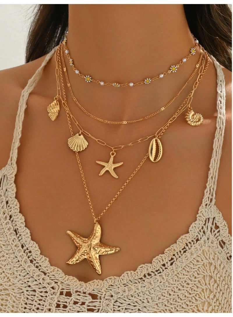 شي إن 4pcs/Set Summer Bohemian Daisy Handmade Chain Alloy Starfish Shell Pendant, Multi-Layer Necklace For Women, Suitable For Daily Outfit And Beach Vacation Photo Shoot. Chain Length Customizable - Image 1