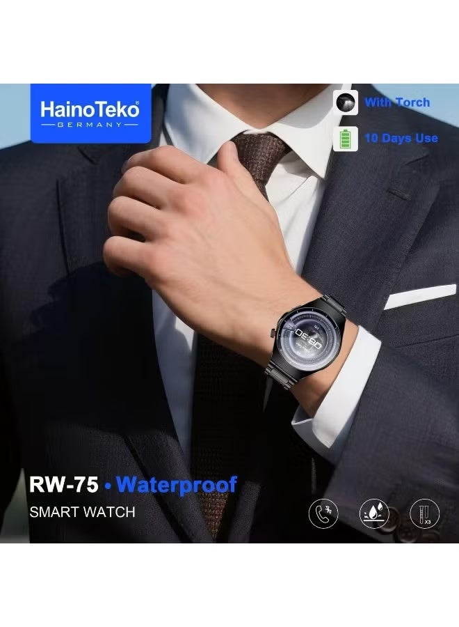 HainoTeko RW-75 Waterproof Smart Watch with Curved AMOLED Display, Bluetooth Calling, Fitness & Health Tracking, Long Battery, Smart Alerts & 3 Interchangeable Straps – Elegant Blue for Work and Daily Use - Image 4