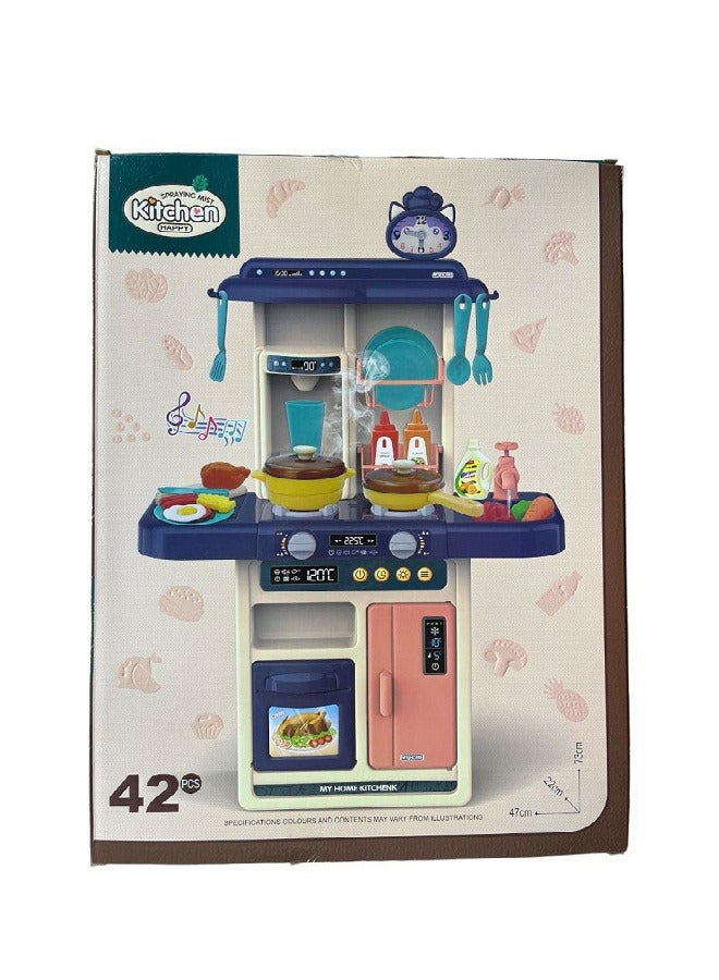 A kitchen game that emits steam and cooking sounds with lighting for children