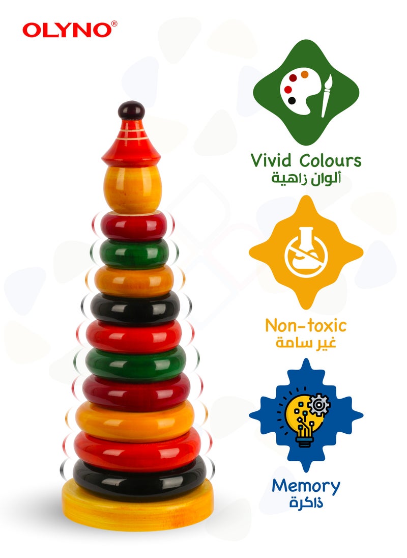 OLYNO Ivory Wooden Stacking Rings Game for Kids 1 Year+ with 10 Rings Boosts Hand Eye Coordination and Fine Motor Skills  - Image 2