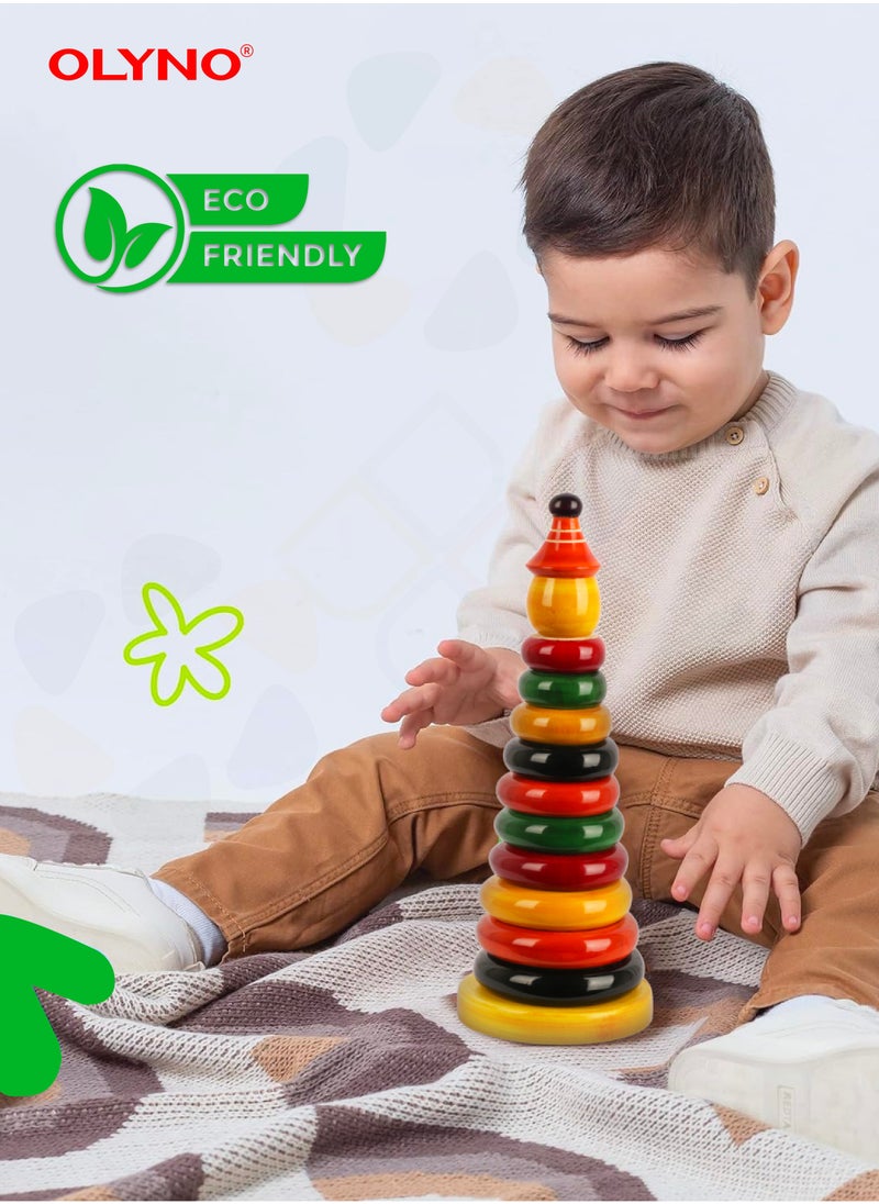OLYNO Ivory Wooden Stacking Rings Game for Kids 1 Year+ with 10 Rings Boosts Hand Eye Coordination and Fine Motor Skills  - Image 4
