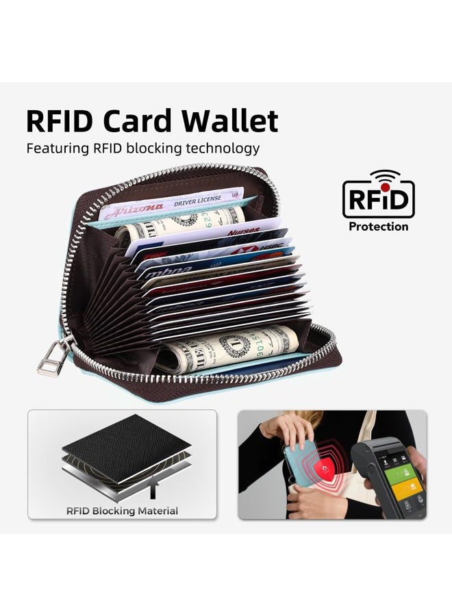 RUNBOX Credit Card Wallet Women,Zipper Business Card Holder for Women,RFID Blocking,KeyChain Wallet,Compact Size for Daily life,Gifts for women mon, Baby Blue, Modern - Image 3