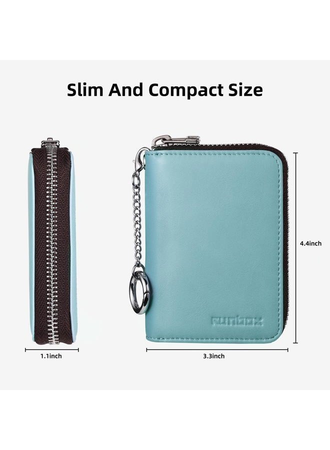 RUNBOX Credit Card Wallet Women,Zipper Business Card Holder for Women,RFID Blocking,KeyChain Wallet,Compact Size for Daily life,Gifts for women mon, Baby Blue, Modern - Image 4