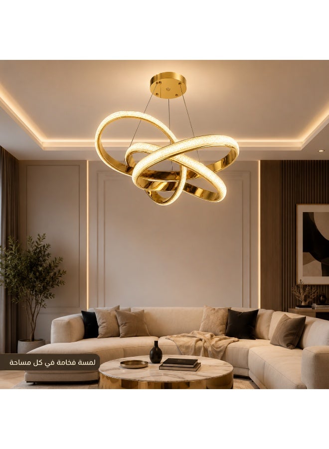 Modern LED crystal gold chandelier with interlocking rings and remote control for lighting the living room, reception area, and bedrooms. - Image 1