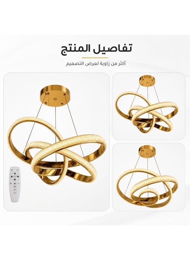 Modern LED crystal gold chandelier with interlocking rings and remote control for lighting the living room, reception area, and bedrooms. - Image 3