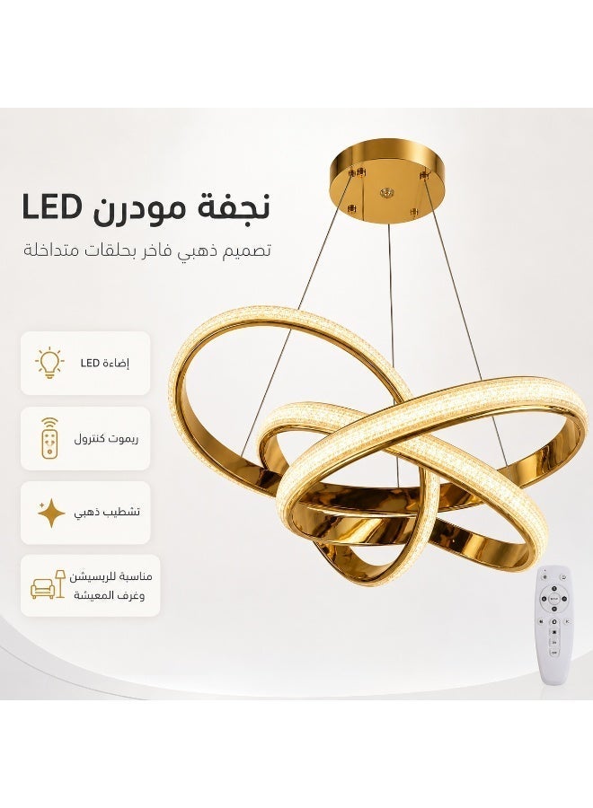 Modern LED crystal gold chandelier with interlocking rings and remote control for lighting the living room, reception area, and bedrooms. - Image 4