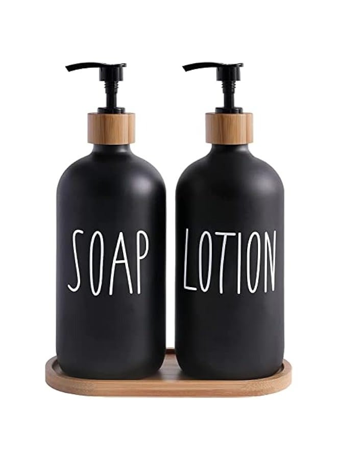 MIXDE Glass Soap Dispenser Set - Hand Soap and Dish Soap Dispenser Set  - Matte Black Soap Dispenser (Black, Soap, Wash) - Image 1