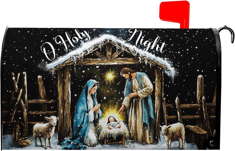 Farg Merry Christma Winter Mailbox Cover Winter Xmas Birth of Jesus Nativity Scene Magnetic Mailbox Covers 21" X 18" Christm Mail Box Covers Magnetic Standard Size for Yard Home Decor - Image 1