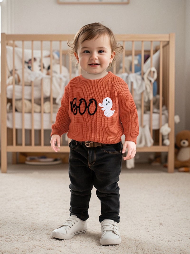 Baby Girls Halloween Sweater Casual Letter Ghost Embroidery Infant Pullover Knitwear for Toddler Warm Clothes - Image 1
