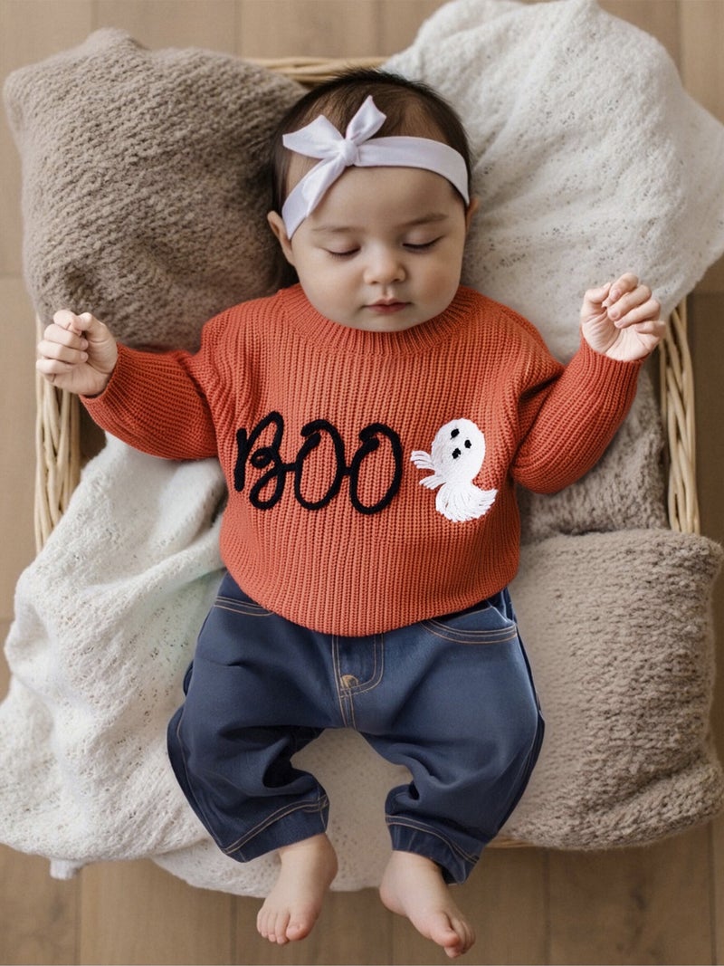 Baby Girls Halloween Sweater Casual Letter Ghost Embroidery Infant Pullover Knitwear for Toddler Warm Clothes - Image 5