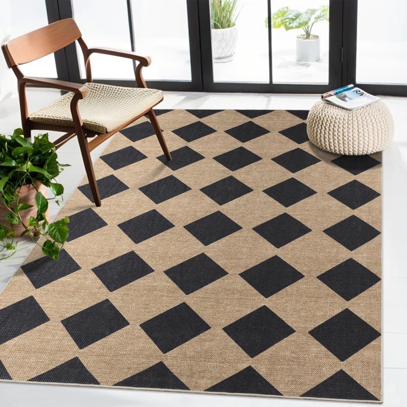 Zeeinx Checkered Easy Jute Rug 3x5 Outdoor Patio Rug Washable Rugs for Entryway Porch Non Slip Neutral Diamond Farmhouse Indoor Outdoor Carpet for Entryway Backyard Patio Office - Image 1