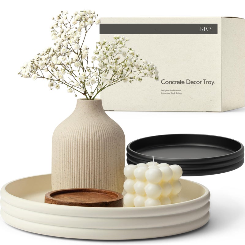 KIVY Round Decorative Concrete Tray 11x1,5 Inch - Modern Circle Coffee Table Tray - Home Decor Flat Bowl for Livingroom & Bedroom - Bandejas Decorativas - Circle Coffee Table Centerpiece (Cream) - Image 1