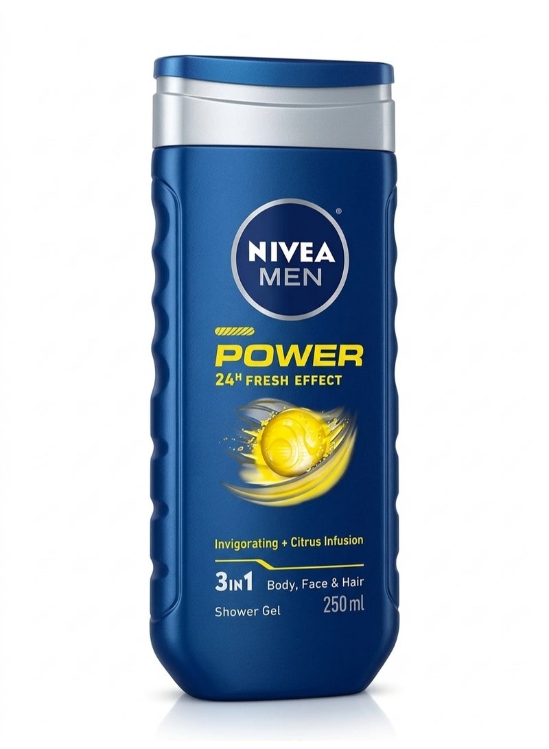 جل استحمام 3 في 1 للرجال من نيفيا (NIVEA Men Power Shower Gel)، مخصص للجسم والوجه والشعر ويتميز بخلاصة الحمضيات المنشطة التي تمنحك انتعاشاً يدوم حتى 24 ساعة وطاقة طوال اليوم.