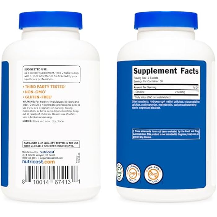 Nutricost L-Citrulline 2500mg Per Serving, 60 Servings, 1250mg Per Tablet, 120 Tabs - Non-GMO and Gluten Free Supplement - Image 4