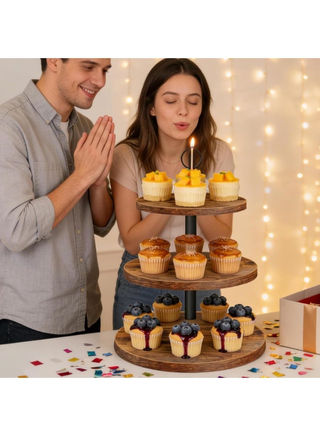 2 Pack Rustic Wood 3-Tier Cupcake Stands, Dessert Table Display Set for Weddings, Birthdays, Baby Showers - Image 3