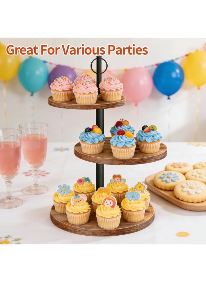 2 Pack Rustic Wood 3-Tier Cupcake Stands, Dessert Table Display Set for Weddings, Birthdays, Baby Showers - Image 2