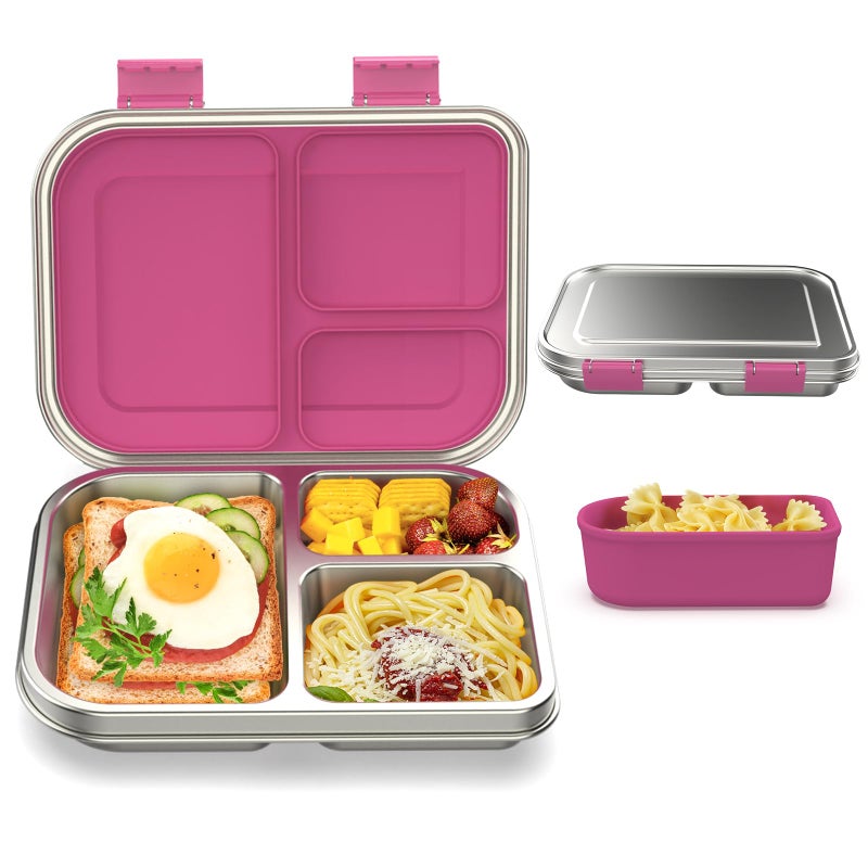 BABHAMNESS Stainless Steel Bento Box Kids, 3 Compartments Leak Proof Metal Bento Lunch Box, 304 Stainless Steel Bento Lunch Containers for School and Office,Dishwasher Safe, BPA-Free-Pink - Image 1