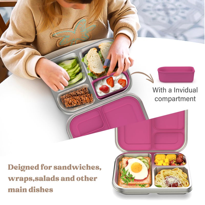 BABHAMNESS Stainless Steel Bento Box Kids, 3 Compartments Leak Proof Metal Bento Lunch Box, 304 Stainless Steel Bento Lunch Containers for School and Office,Dishwasher Safe, BPA-Free-Pink - Image 2