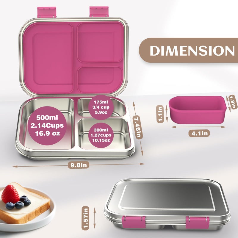 BABHAMNESS Stainless Steel Bento Box Kids, 3 Compartments Leak Proof Metal Bento Lunch Box, 304 Stainless Steel Bento Lunch Containers for School and Office,Dishwasher Safe, BPA-Free-Pink - Image 5