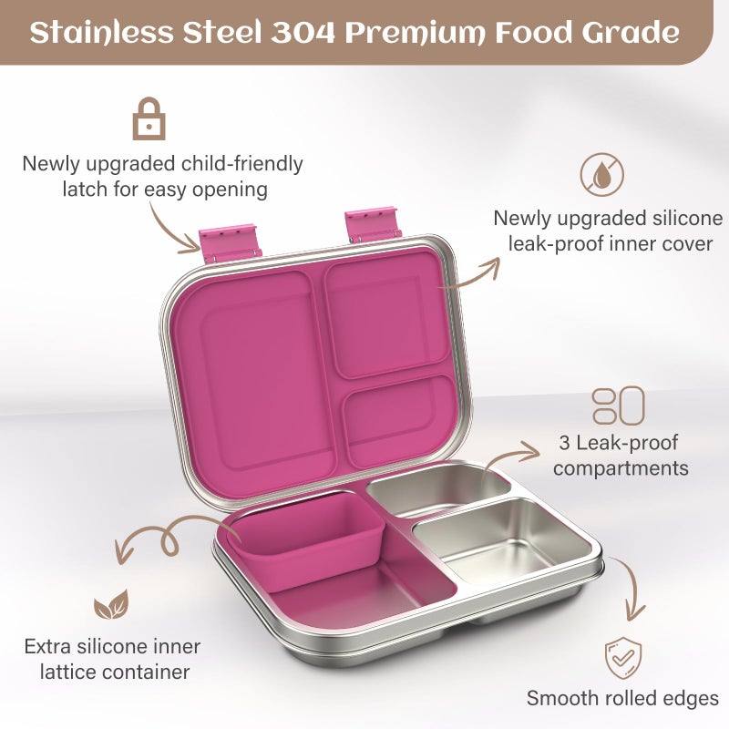 BABHAMNESS Stainless Steel Bento Box Kids, 3 Compartments Leak Proof Metal Bento Lunch Box, 304 Stainless Steel Bento Lunch Containers for School and Office,Dishwasher Safe, BPA-Free-Pink - Image 3