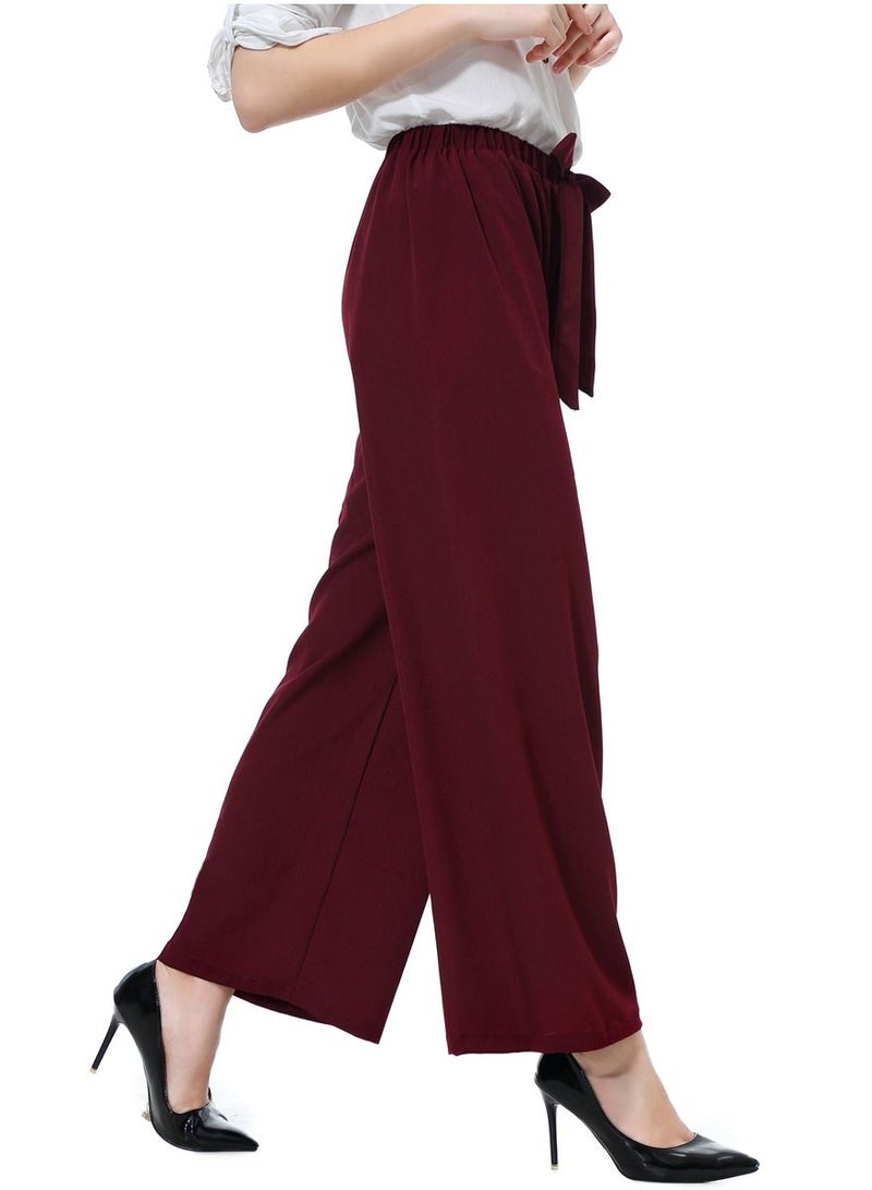 Loquat Women's Solid Color Elastic Waistband Comforty Loose Casual Pants Wine Red  - Image 3