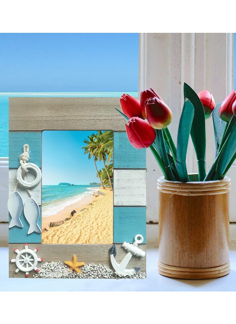 MUAMAX MUAMAX Beach Picture Frames for 4x6 Photos Distressed Nautical Home Decor Rustic Wood Mediterranean Photo Frame Holder for Nautical Beach Themed Home Coffee Shop Decoration  - Image 3