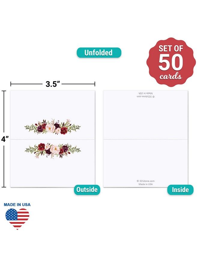 321Done Floral Place Cards 3.5" X 2" (Set Of 50) Blank For Name Food Table Setting Dinner Party Seating Wedding Reception Buffet Tent Style Rustic Red Roses On White Made In Usa  - Image 3